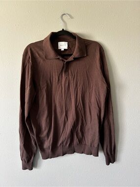 Raith brown long sleeve knit polo with hidden buttons